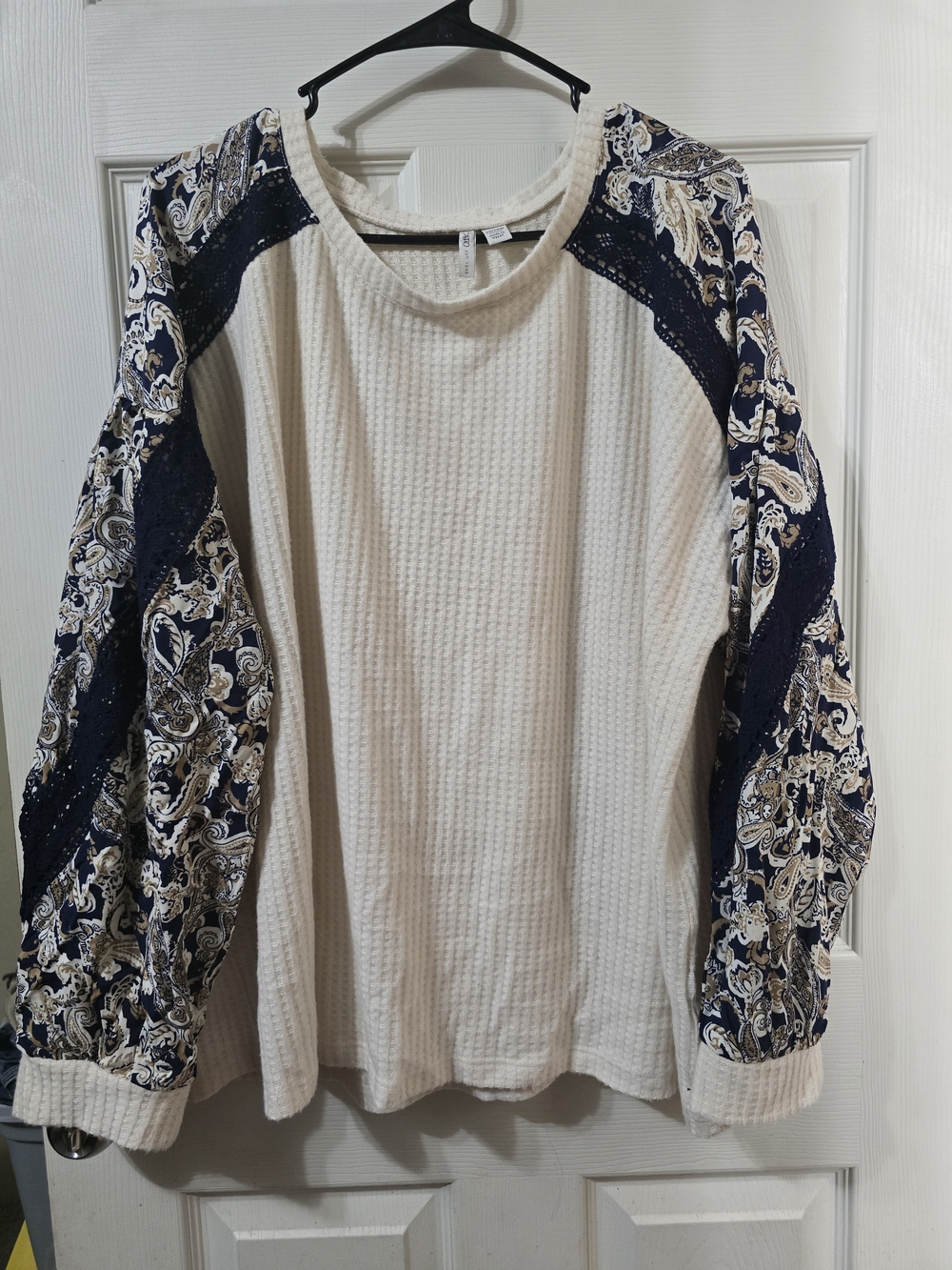 Cato Cream Waffle-Knit Top with Navy Paisley Lace Sleeves
